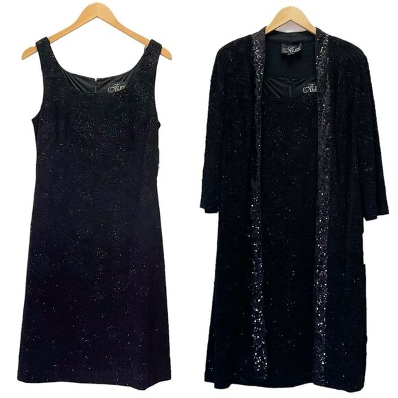 NWT Alex Evenings Midi Length Jacket Scoop Neck Dress Set Black Sequin Size 12 - Picture 2 of 15